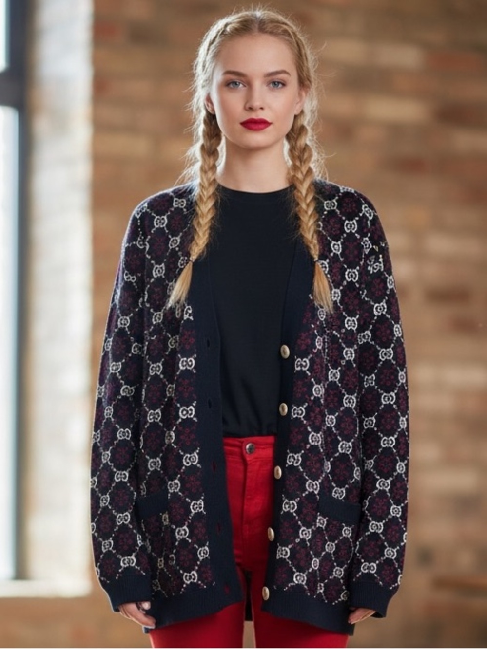 Gucci Unisex Red and Navy Patterned Knit Cardigan Sweater